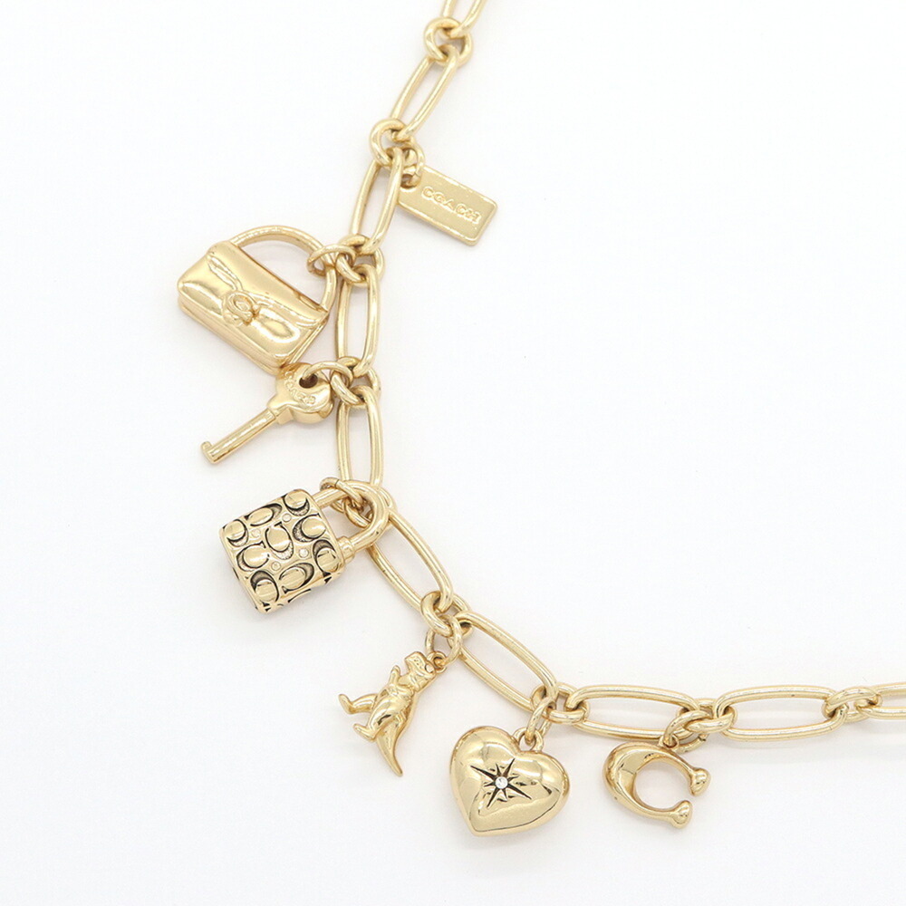 Coach Iconic Charm Chain Necklace CO112 Gold Metal Pendant Signature Heart Ke...